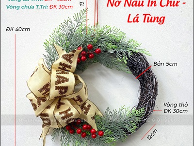 Vòng nguyệt quế Noel nửa vòng thắt nơ ĐK30cm VNGQ-X-43